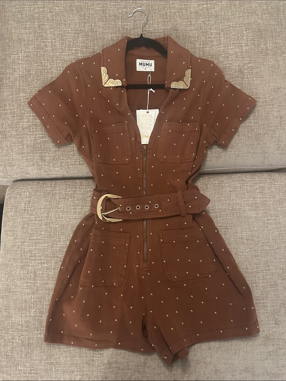 Show Me Your MuMu Brown Studded Utility Romper with Belt